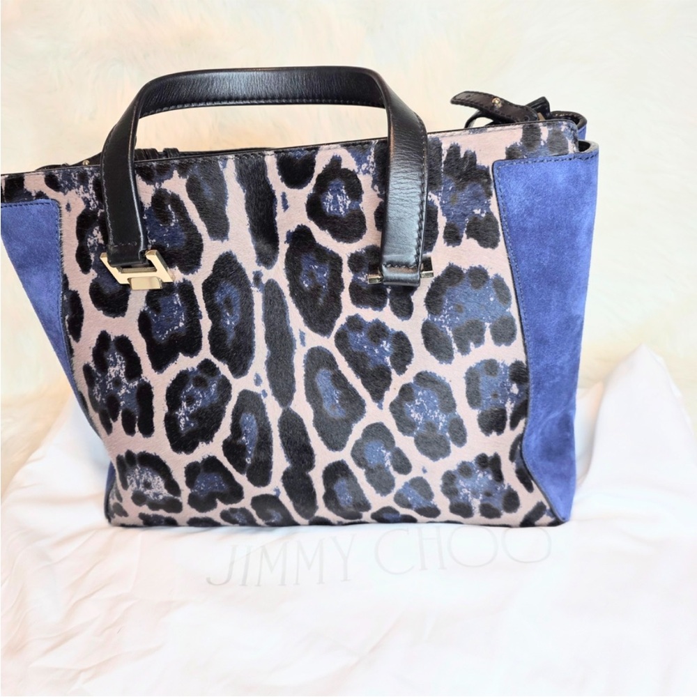 Jimmy Choo- Authentic 🍀 EUC! Alfie Blue Leopard Print Pony Hair/Suede 2 Way Bag - Picture 2 of 13